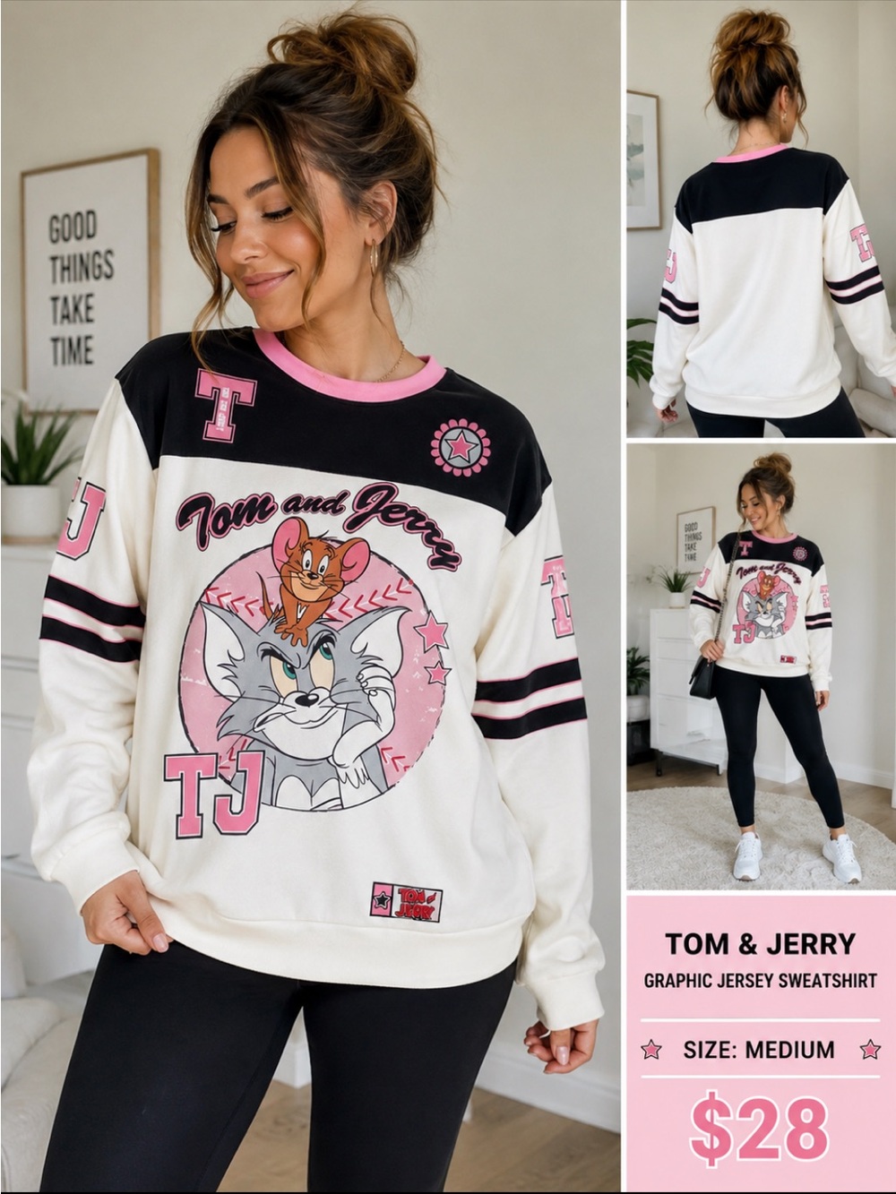 Tom and Jerry Pink & Cream Graphic Long-Sleeve Sweatshirt